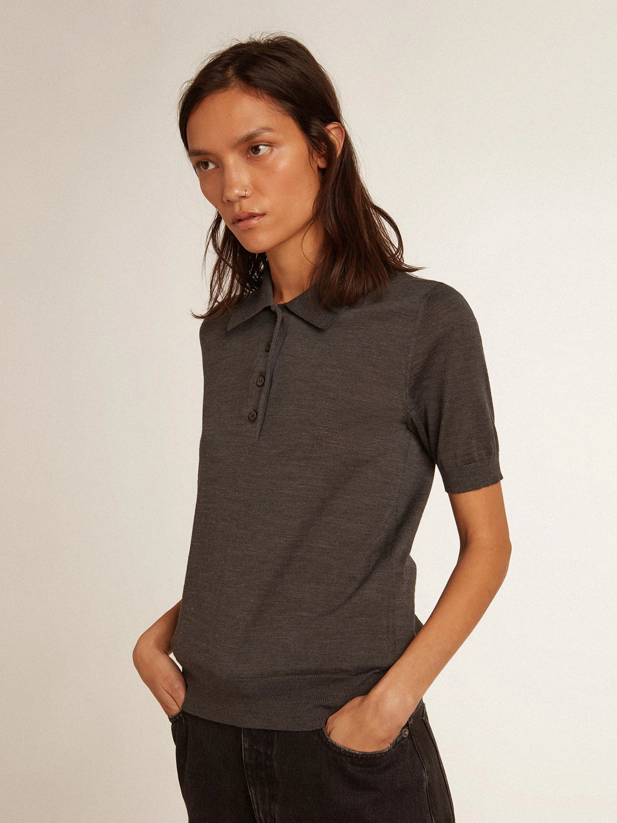 Polo da donna in lana merino di colore antracite