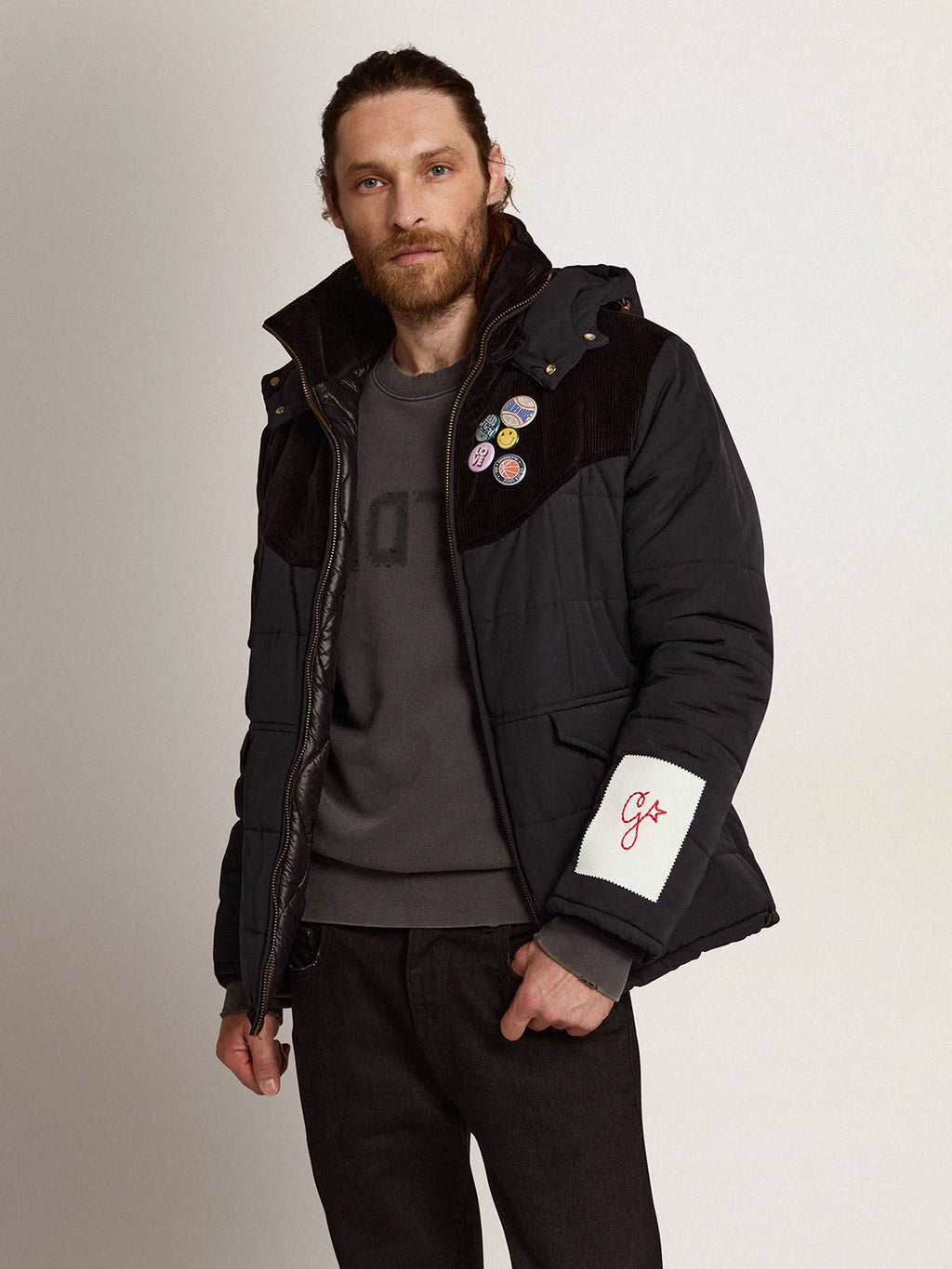 Giacca piumino in nylon blu scuro e cotone corduroy nero