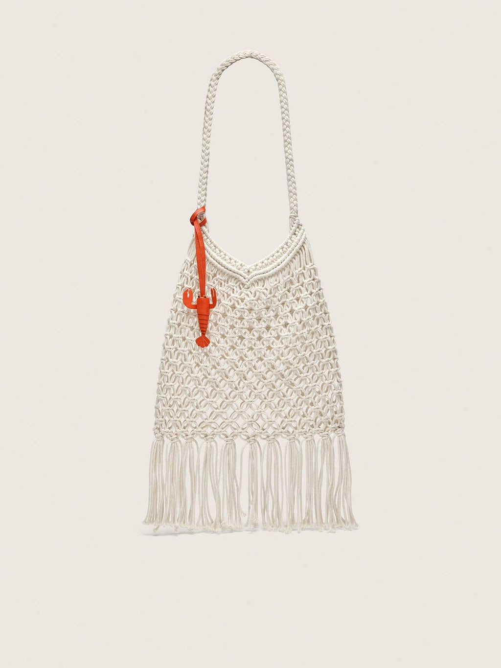 Women's macramé bag in butter-colored cotton with a leather lobster charm