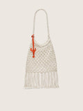 Women's macramé bag in butter-colored cotton with a leather lobster charm
