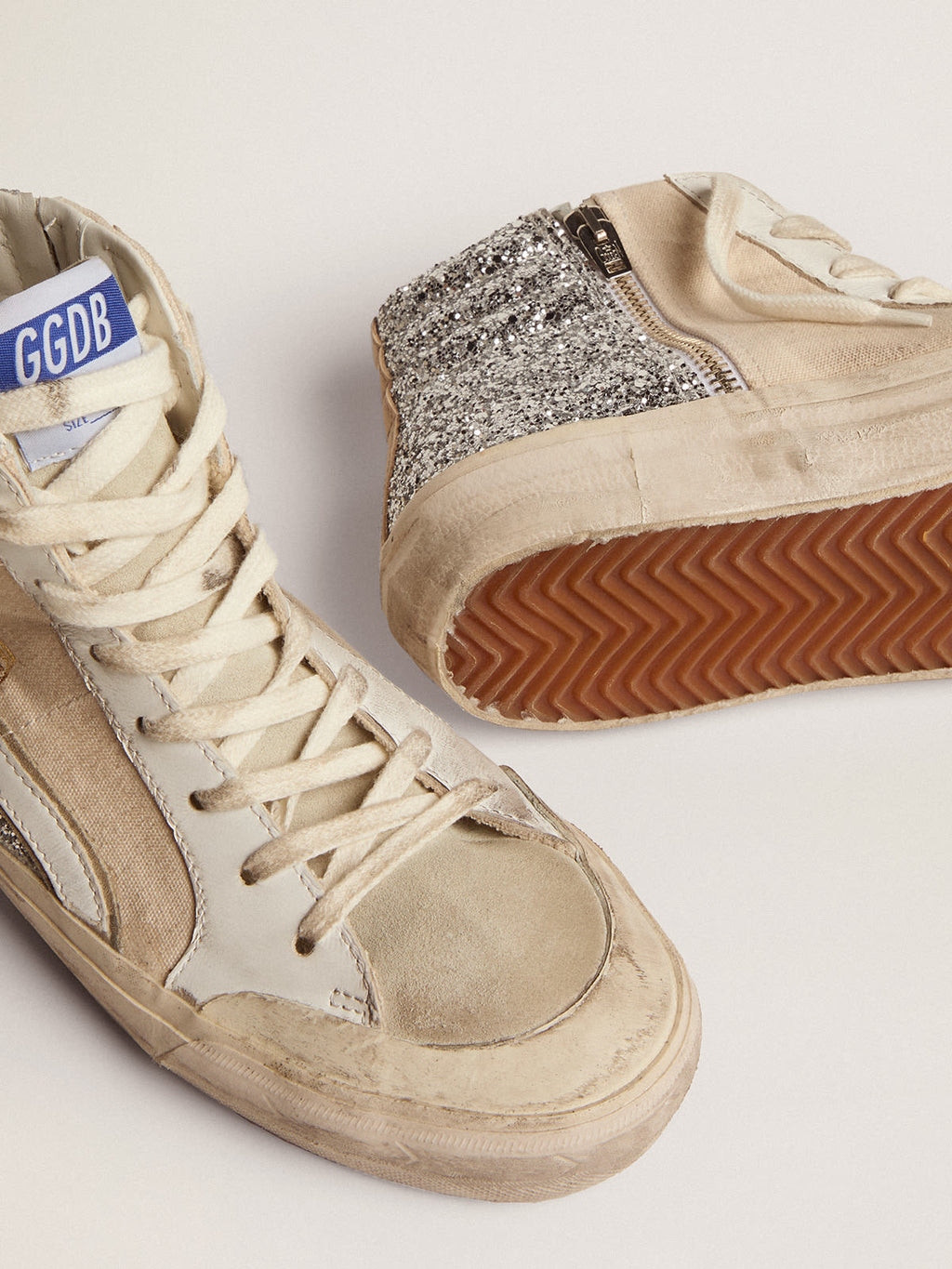 Sneaker Slide Penstar in canvas color crema e glitter argento con stella in pelle nera