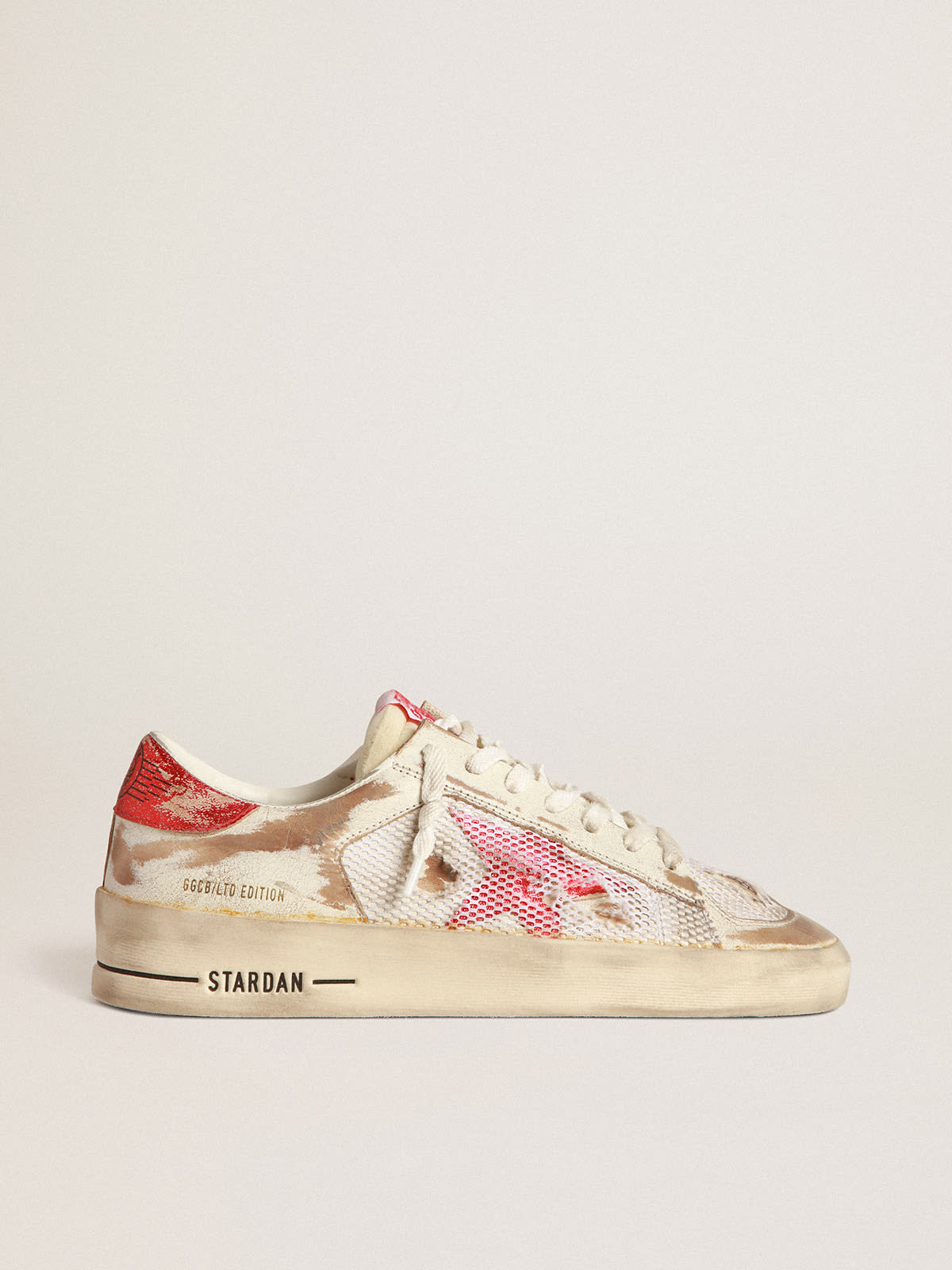 Sneaker Stardan LAB in pelle e rete bianche con stella in pelle laminata rossa