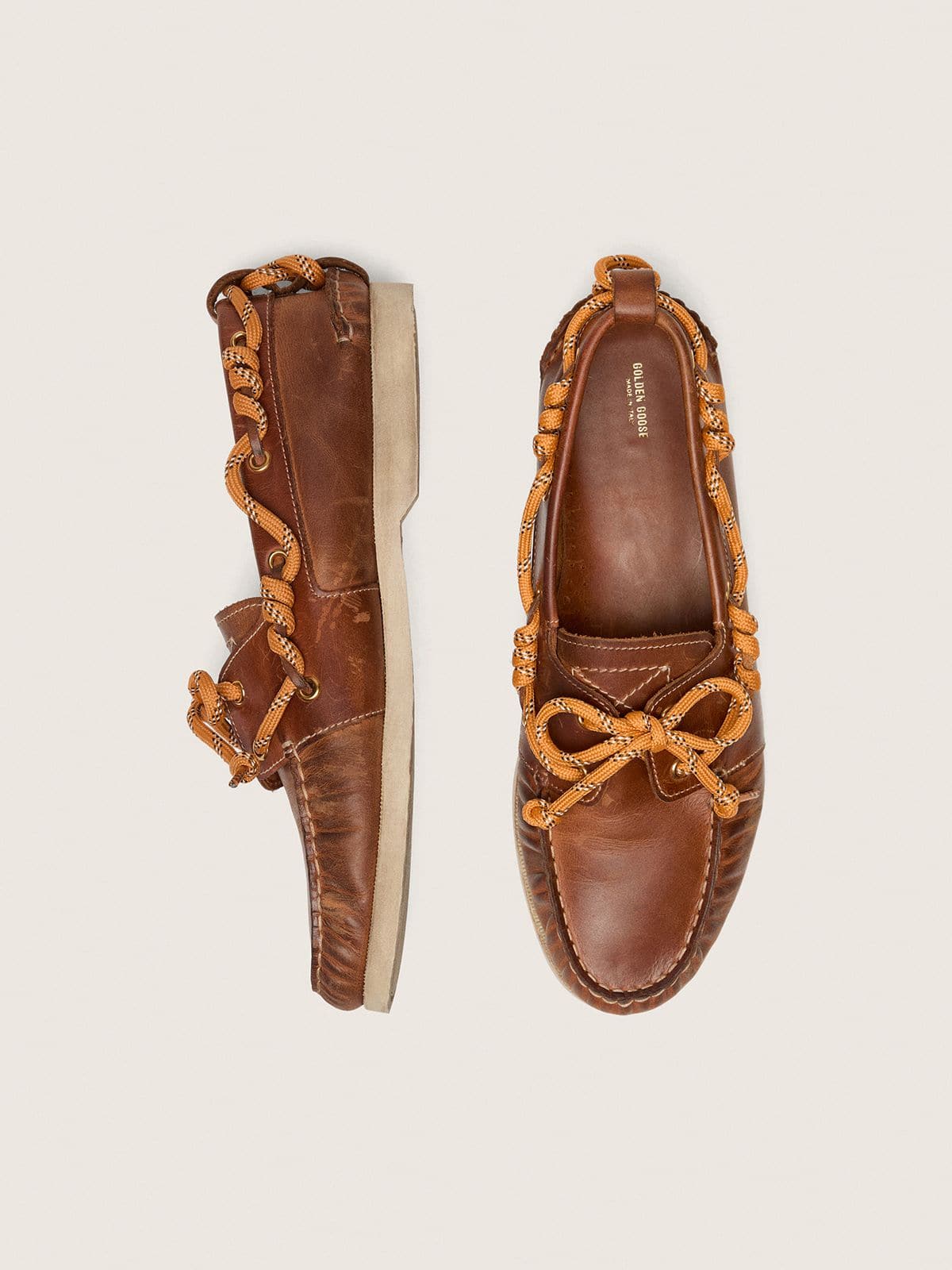 Men's Cruise loafers in tobacco-colored leather with orange hiking laces