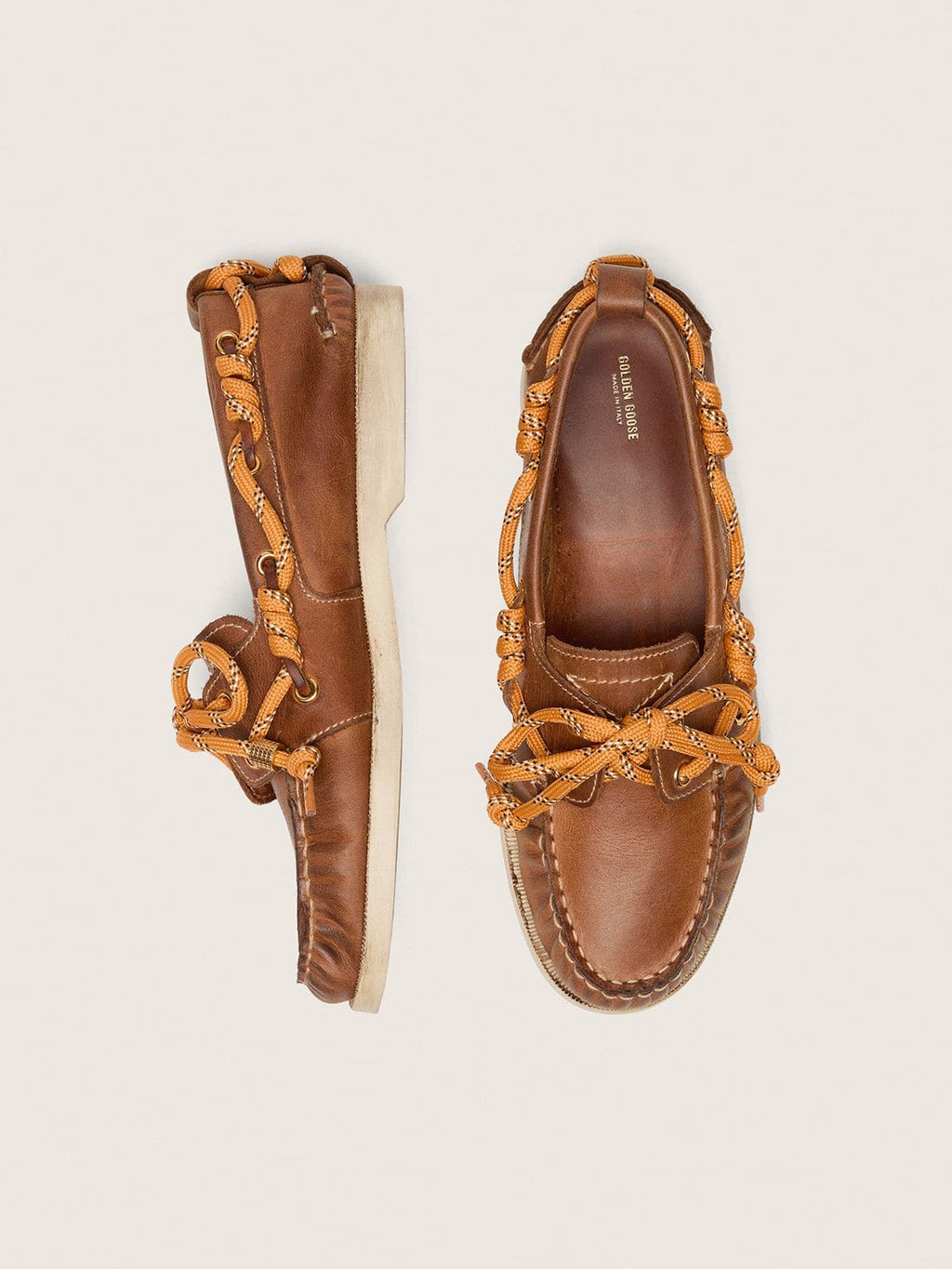 Women's Cruise loafers in tobacco-colored leather with orange hiking laces
