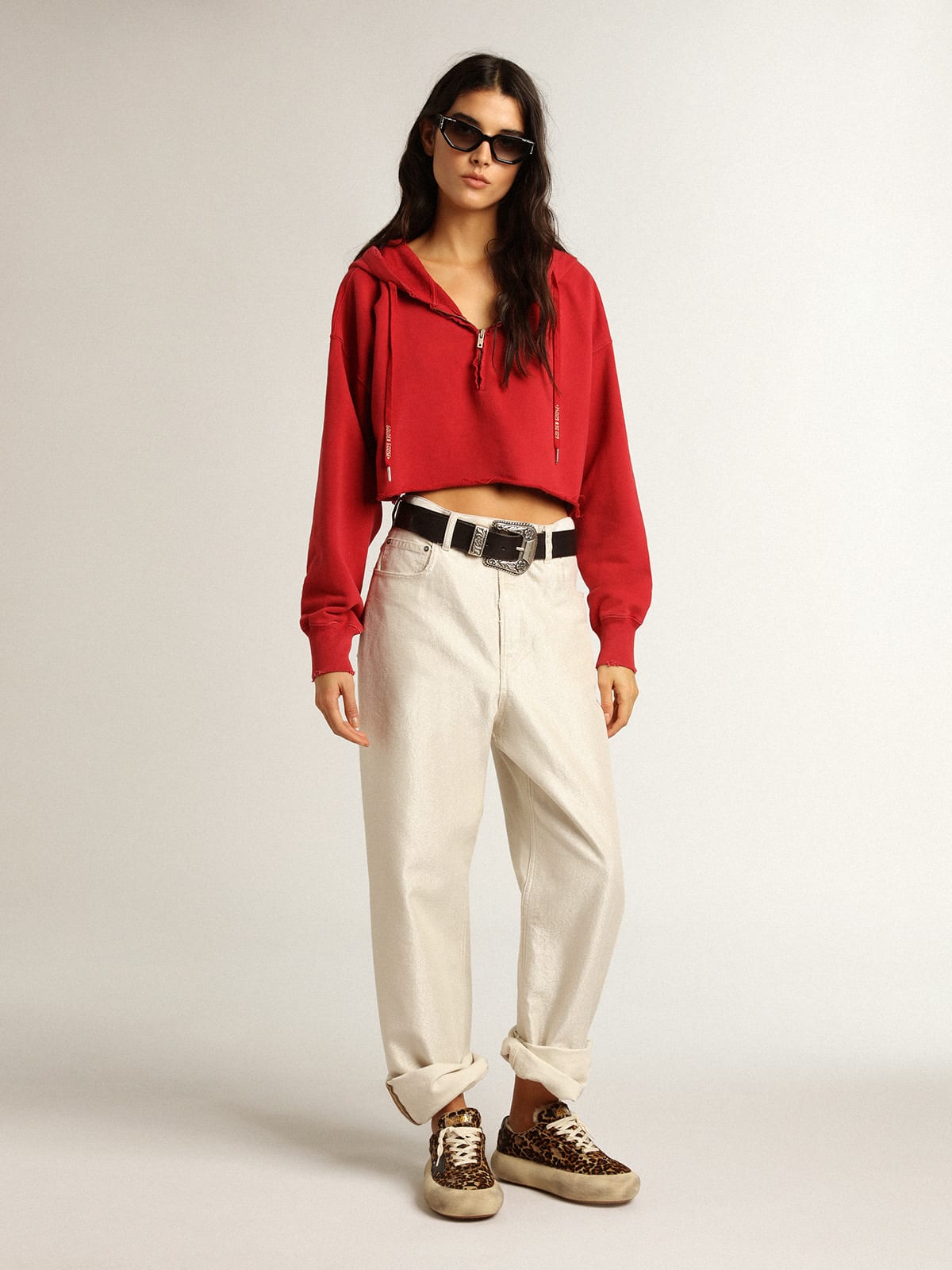 Felpa crop con cappuccio colore rosso