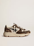 Sneaker Running Sole in rete color crema con inserti in cavallino leopardato e stella in pelle nera