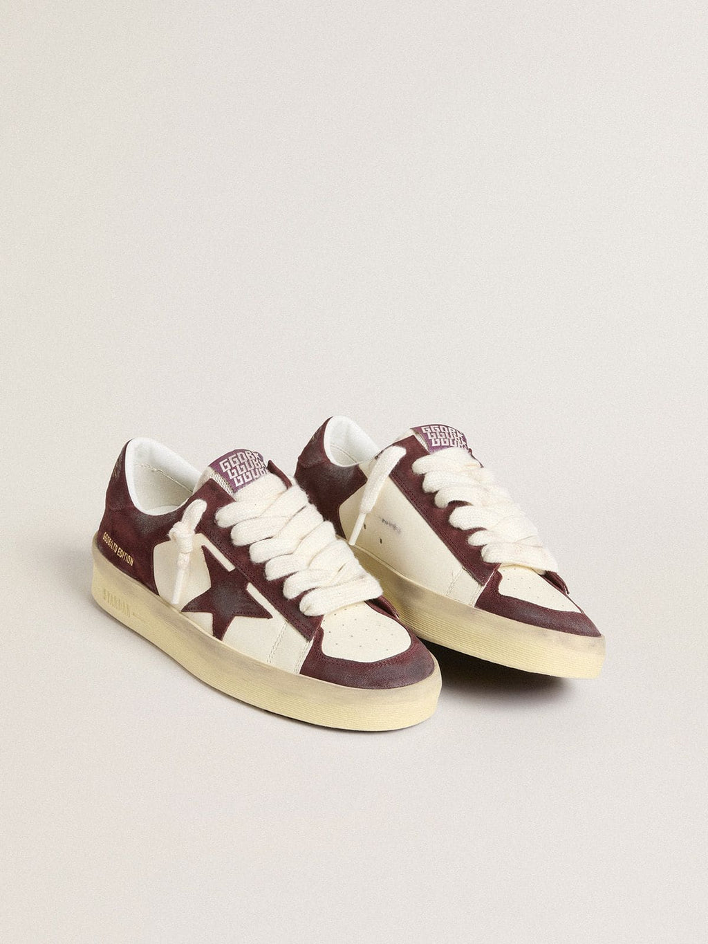 Women’s Stardan in white nappa with burgundy suede star and heel tab