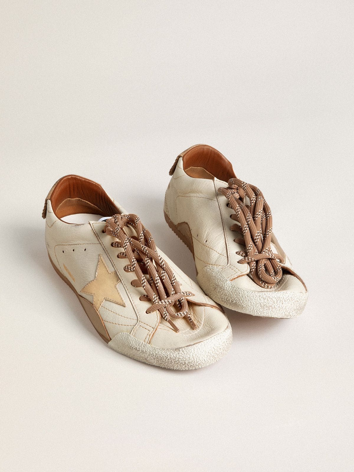 Men's True-Star in white nappa leather with gold foiled leather star and beige suede heel tab