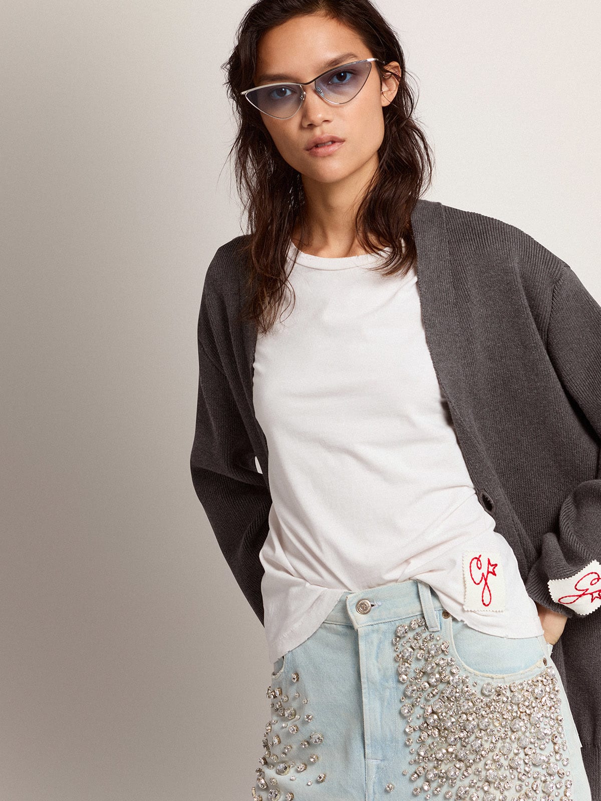 Jeans bleached Kim Collezione Golden con cristalli cabochon