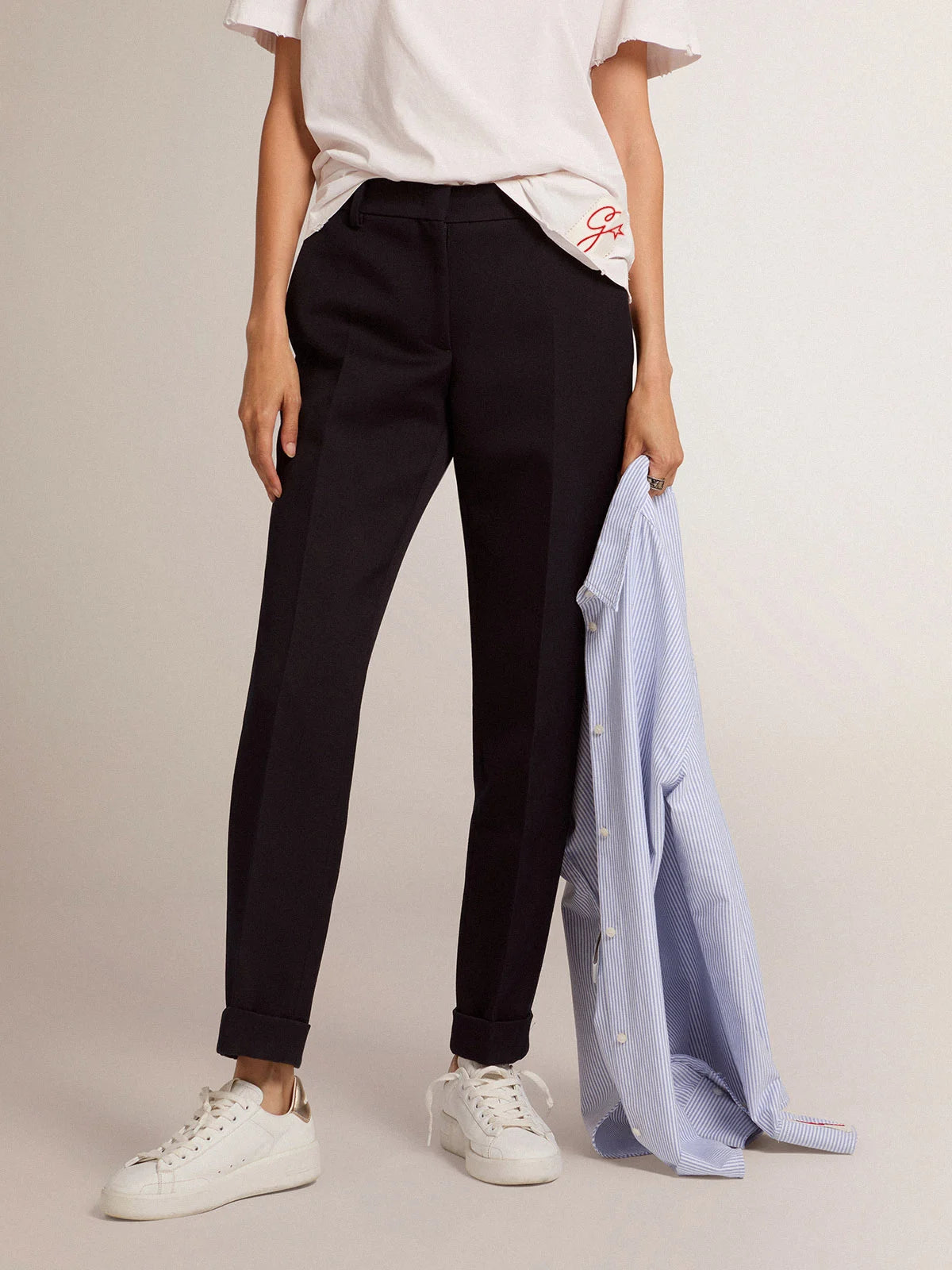 Pantalone a sigaretta Collezione Golden in lana blu scuro
