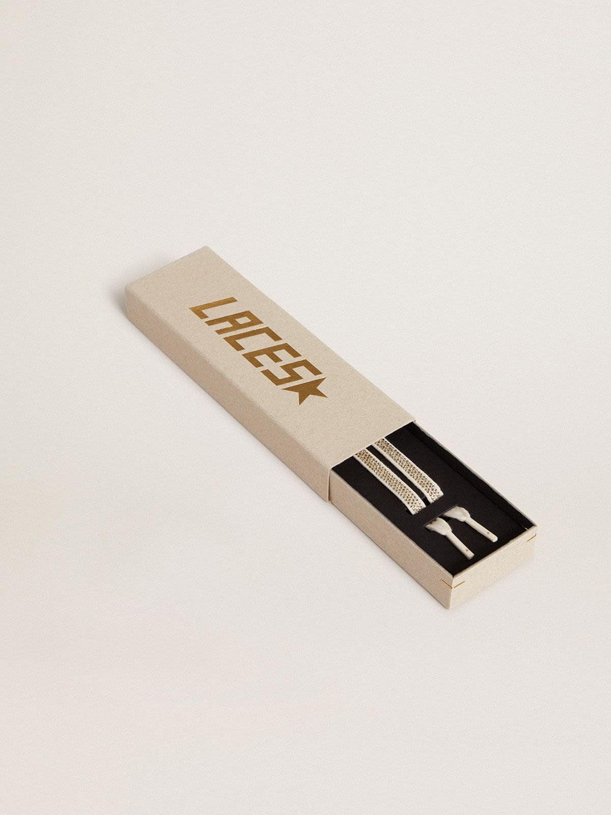 Cotton laces with silver Swarovski crystals and gold-colored logo