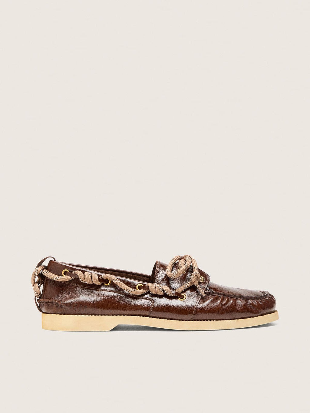 Women's Cruise loafers in glossy dark brown leather with dove gray hiking laces