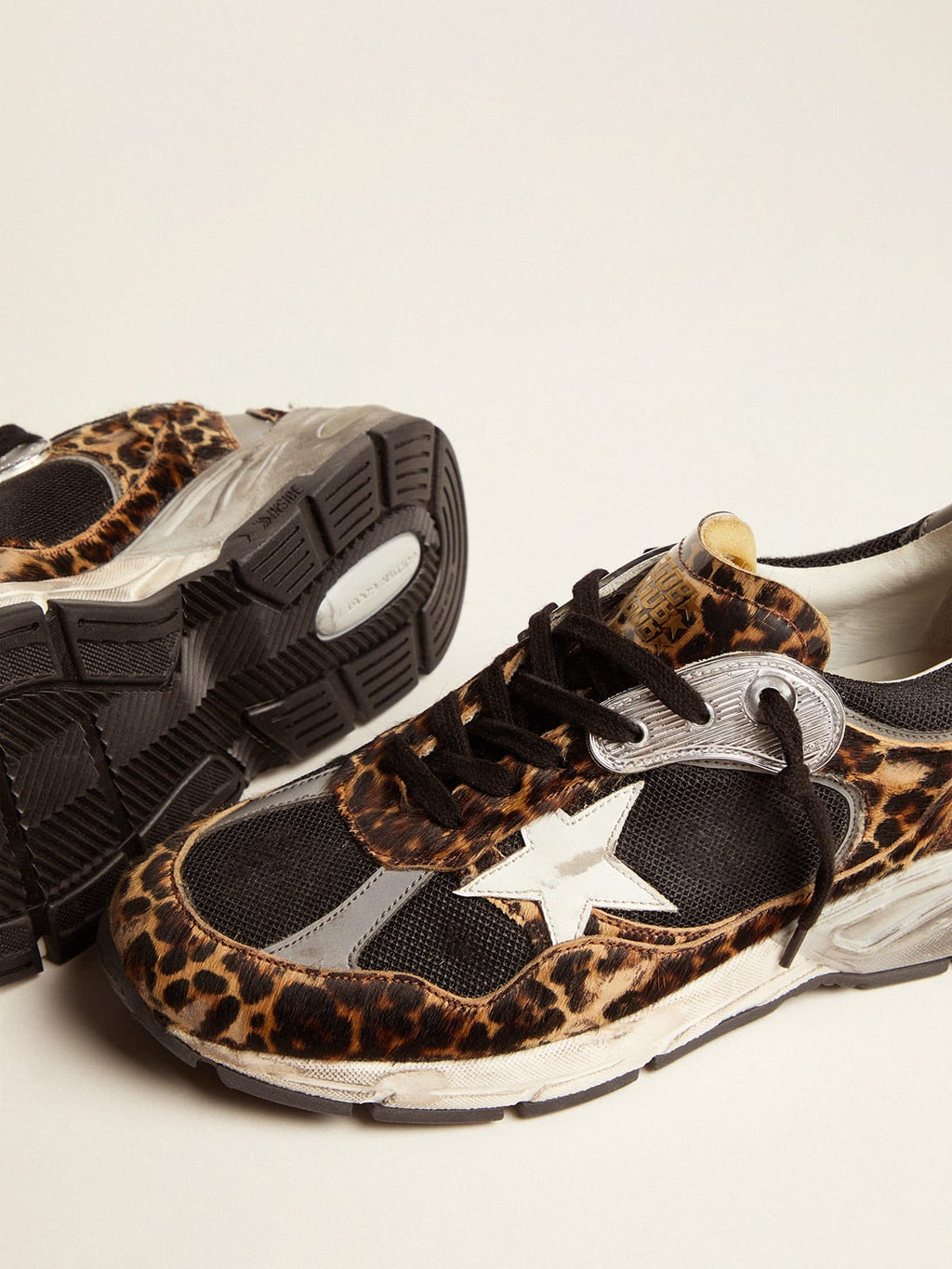 Sneaker Dad-Star in cavallino leopardato e stella in pelle bianca