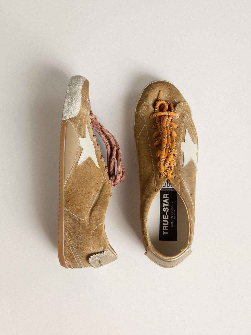 Men's True-Star in tobacco-colored suede with white star and platinum heel tab