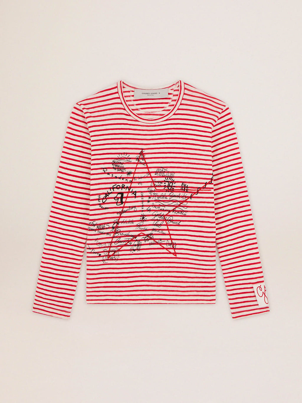 T-shirt con righe bianche e rosse e ricamo sul davanti