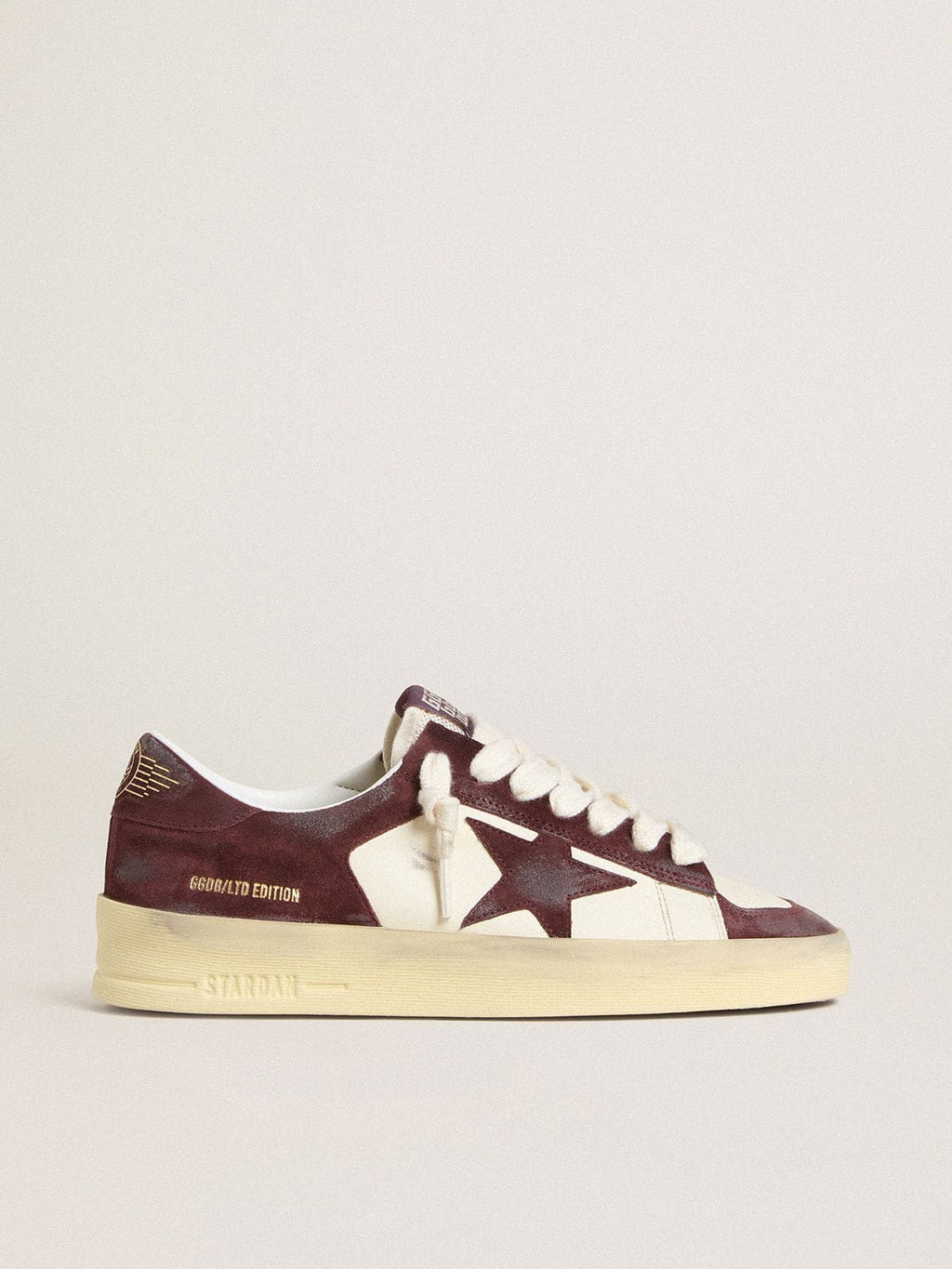Women’s Stardan in white nappa with burgundy suede star and heel tab