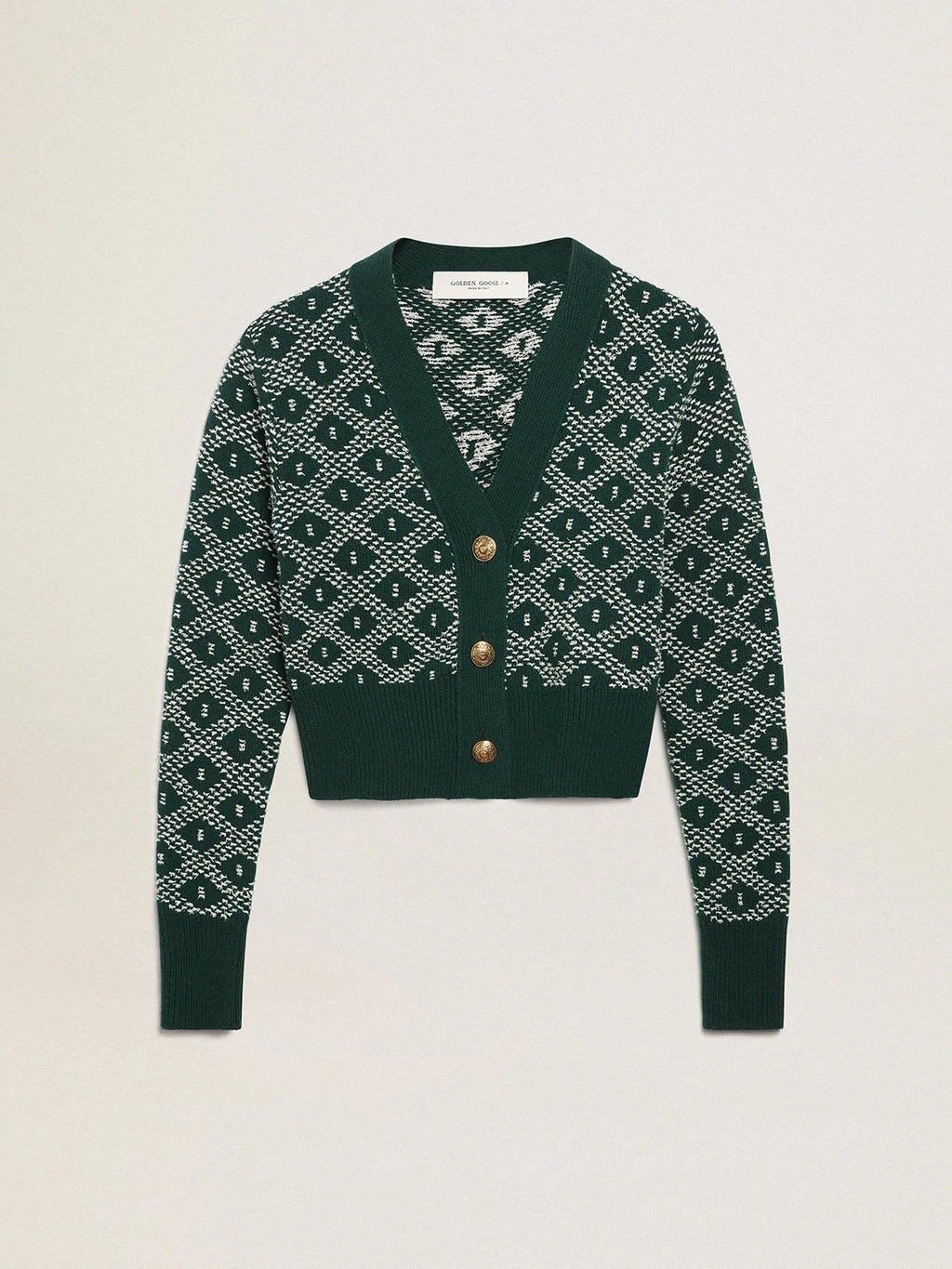 Cropped Cardigan Collezione Journey con jacquard a rombi nei toni del verde e del bianco