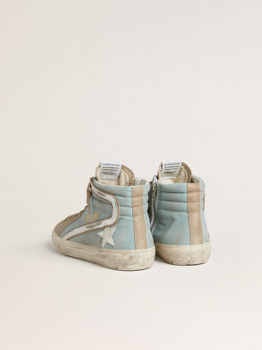 Men's Slide in light blue canvas with silver metallic leather flash