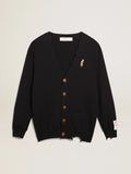 Cardigan donna in cotone blu scuro dal trattamento distressed