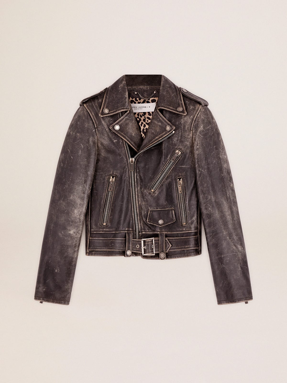 Chiodo da donna in pelle dal trattamento distressed