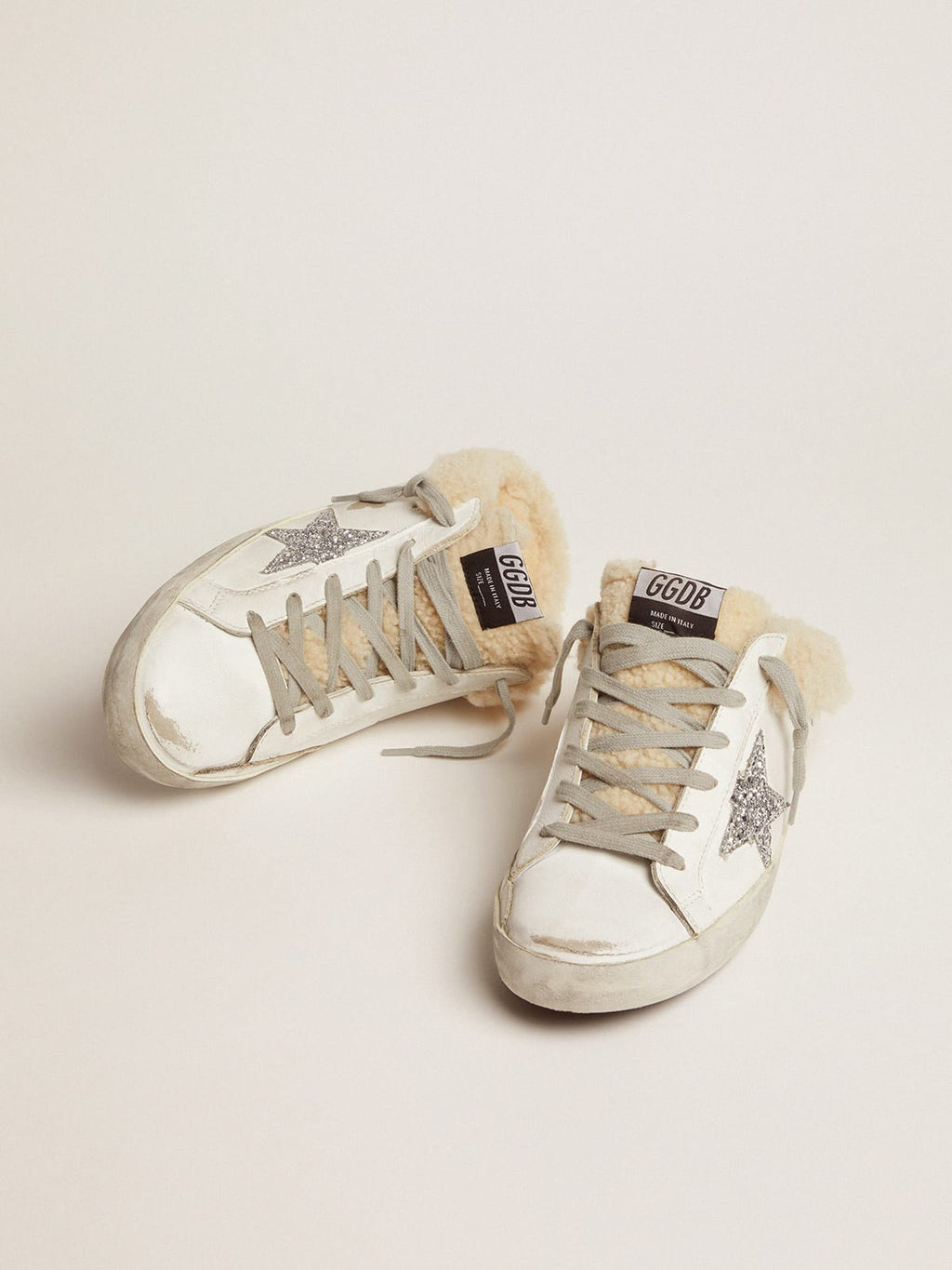 Super-Star Sabot in pelle bianca con stella in glitter argento e fodera in shearling
