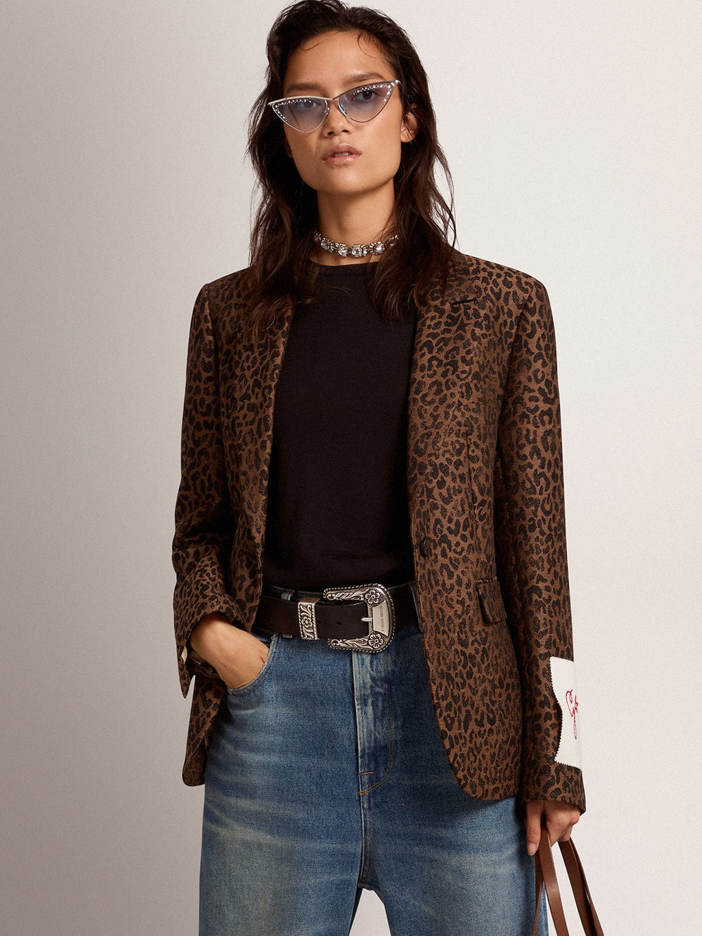Blazer monopetto Collezione Golden in lana con motivo animalier jacquard