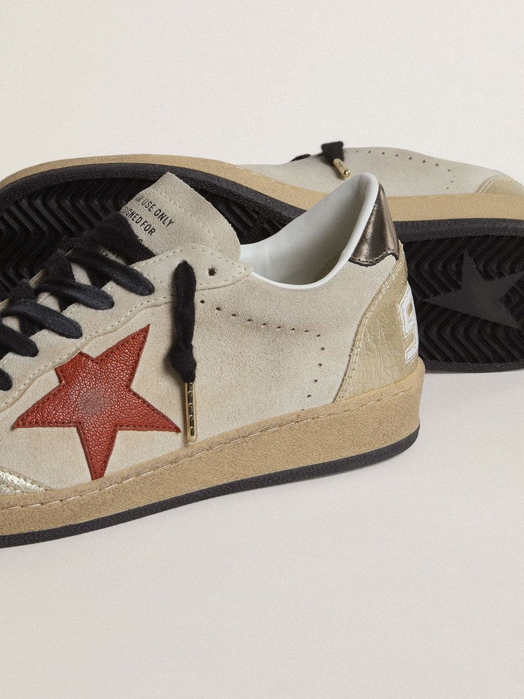 Ball Star in beige suede with red leather star and metallic bronze foiled leather heel tab