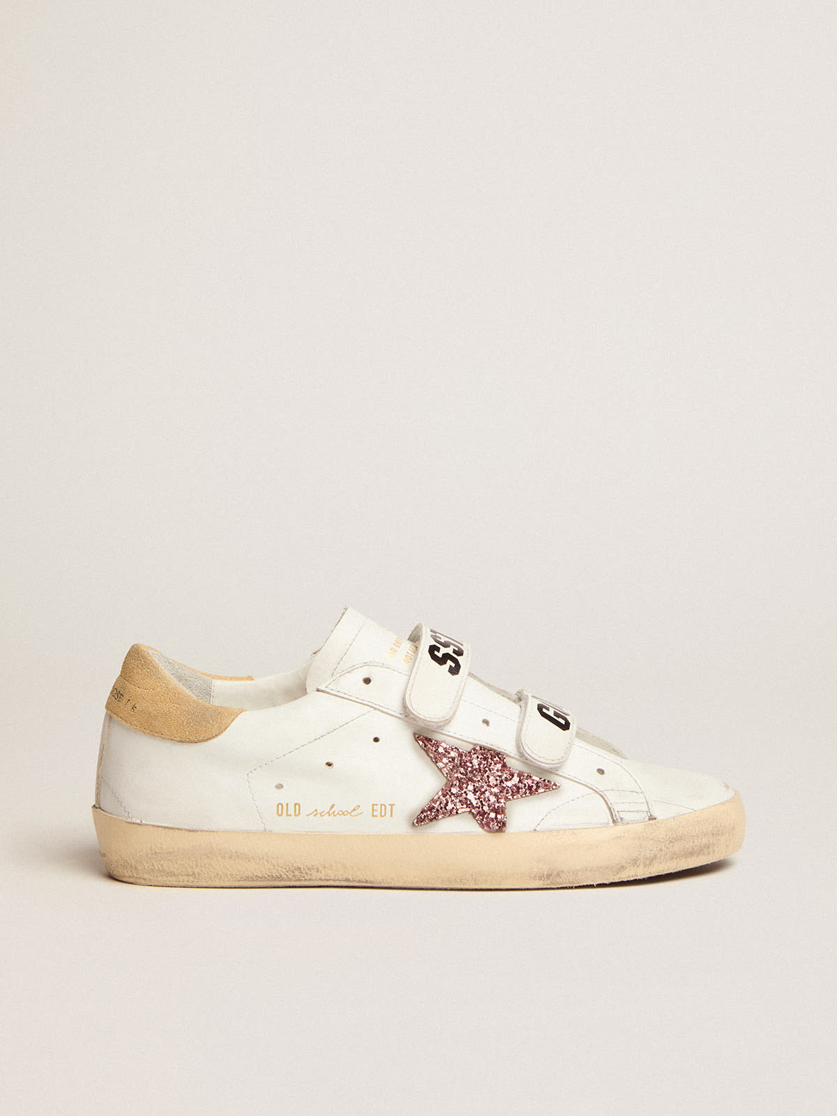 Sneaker Old School con stella in glitter rosa e talloncino in suede color sabbia