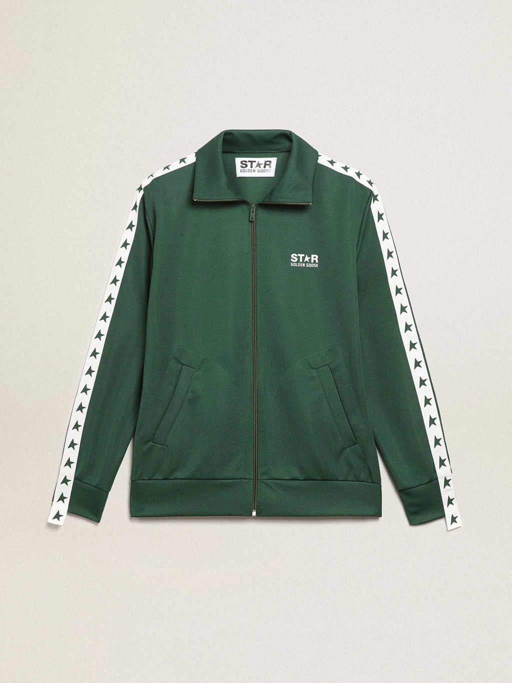 Felpa con zip da uomo di colore verde con nastro bianco e stelle a contrasto