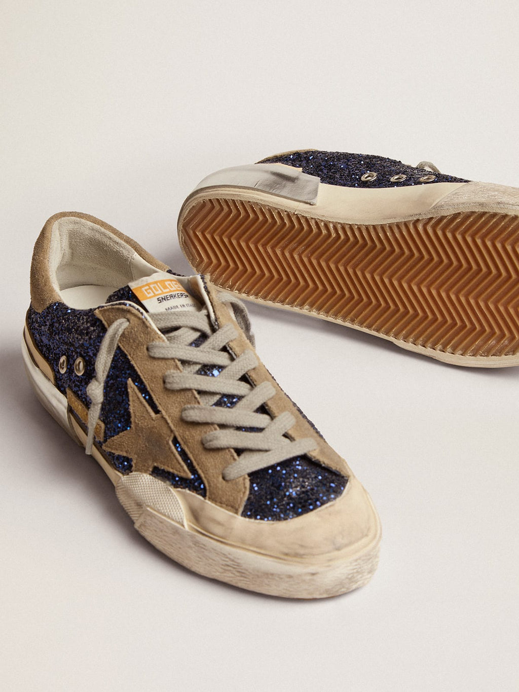 Super-Star in glitter blu con stella in suede color tortora