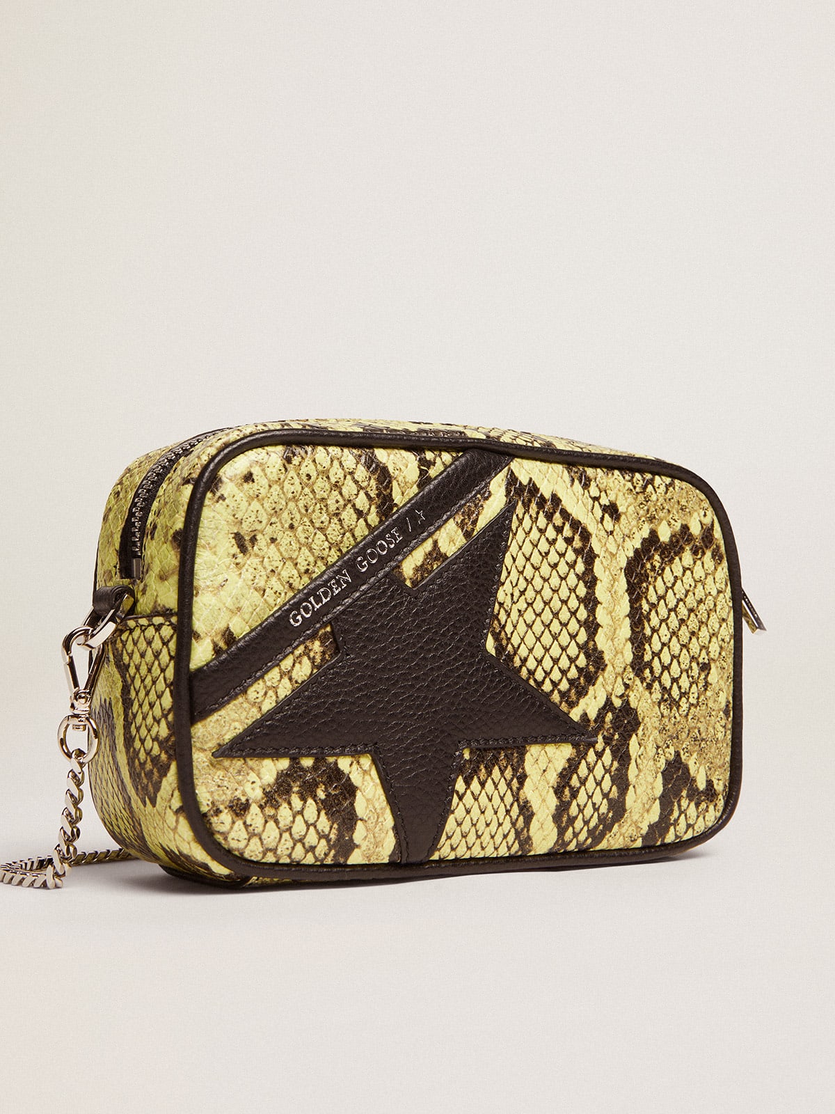 Borsa Mini Star Bag in pelle con stampa pitonata color lime e stella in pelle nera
