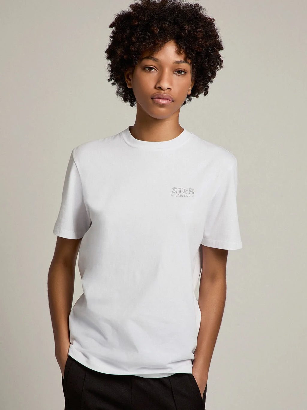 T-shirt bianca Collezione Star con logo e stella in glitter argento