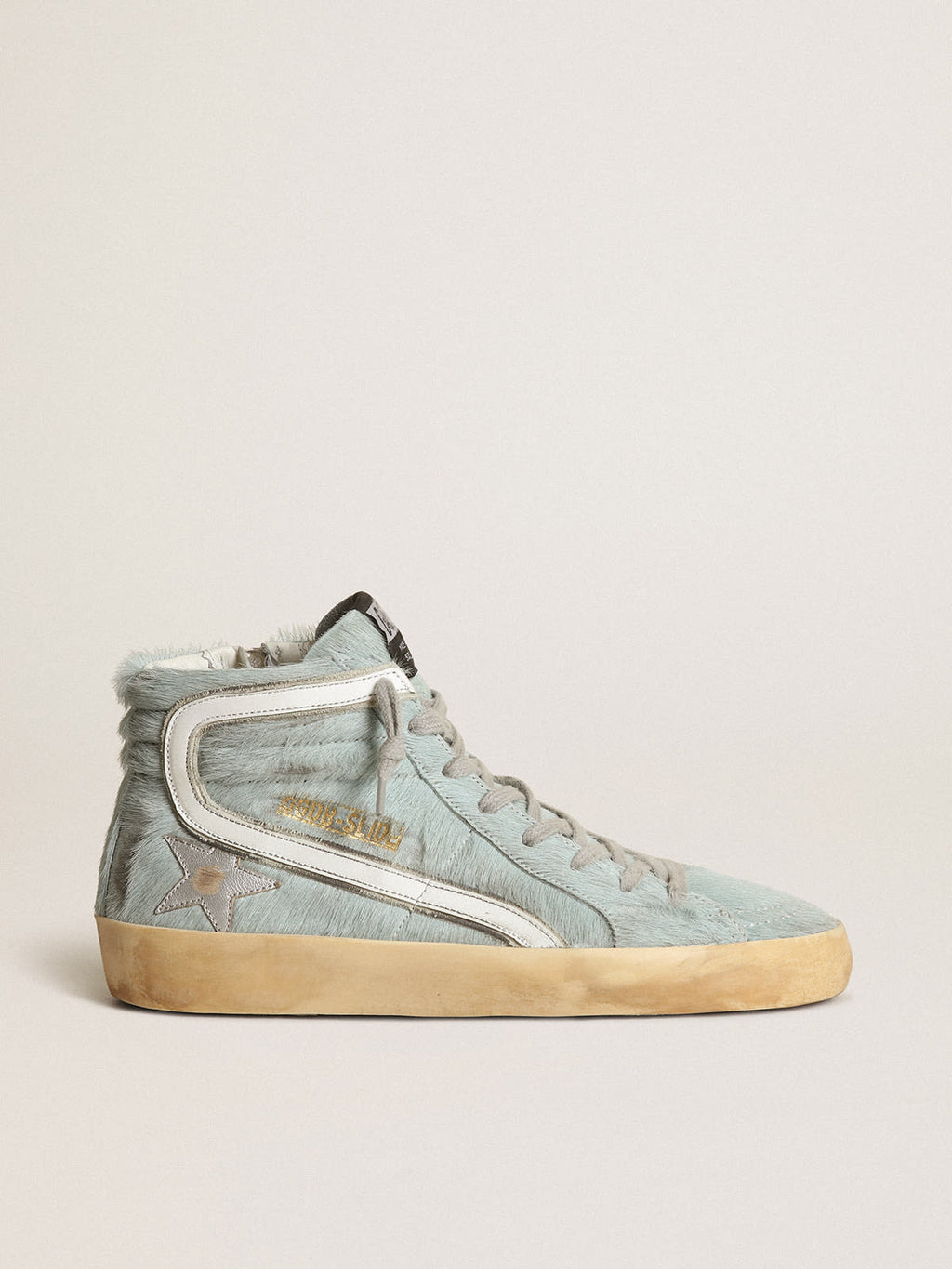 Sneaker Slide in cavallino color acquamarina con stella in pelle laminata color argento