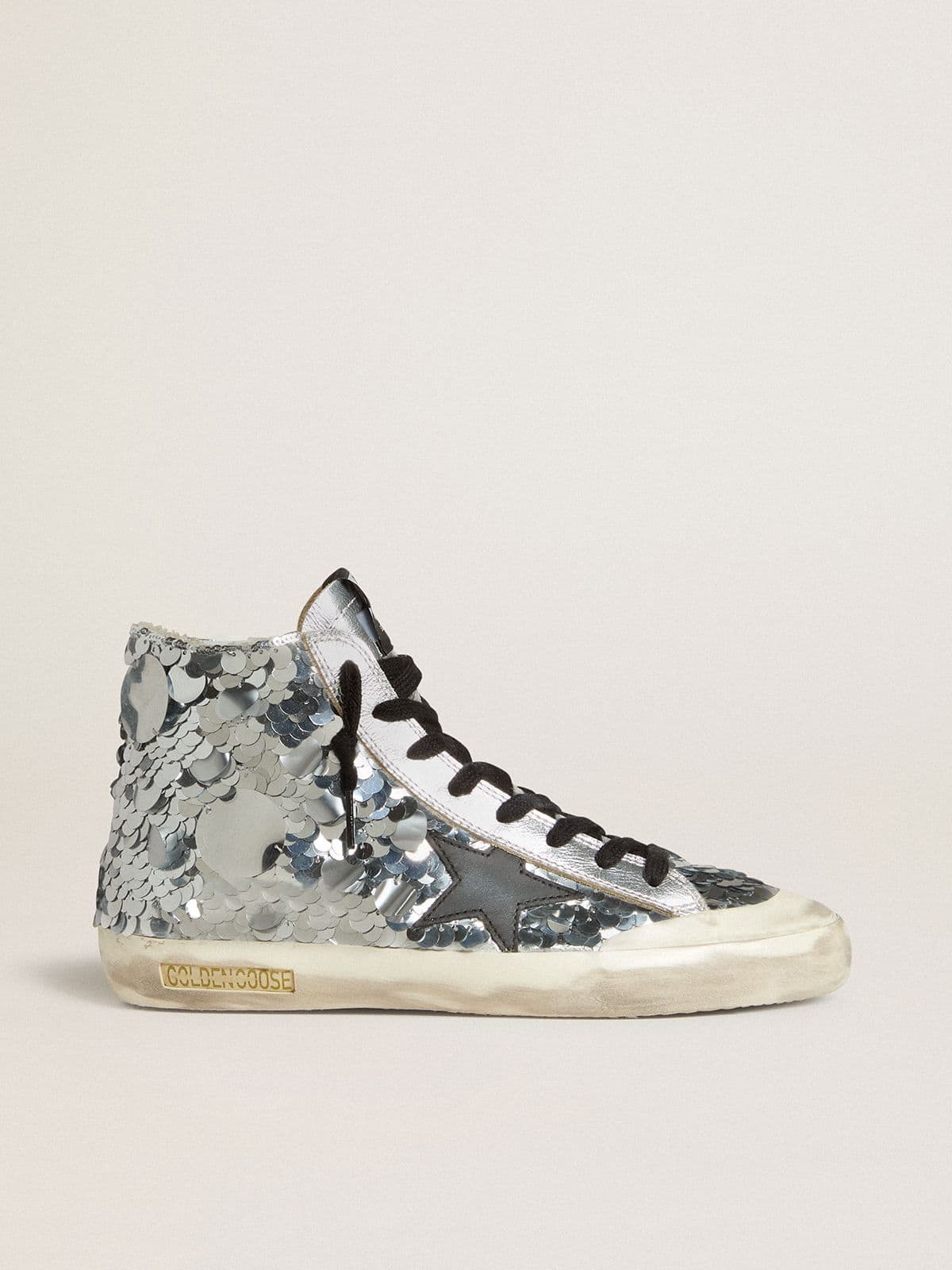 Women’s Francy in nylon with all-over silver sequins and black leather star