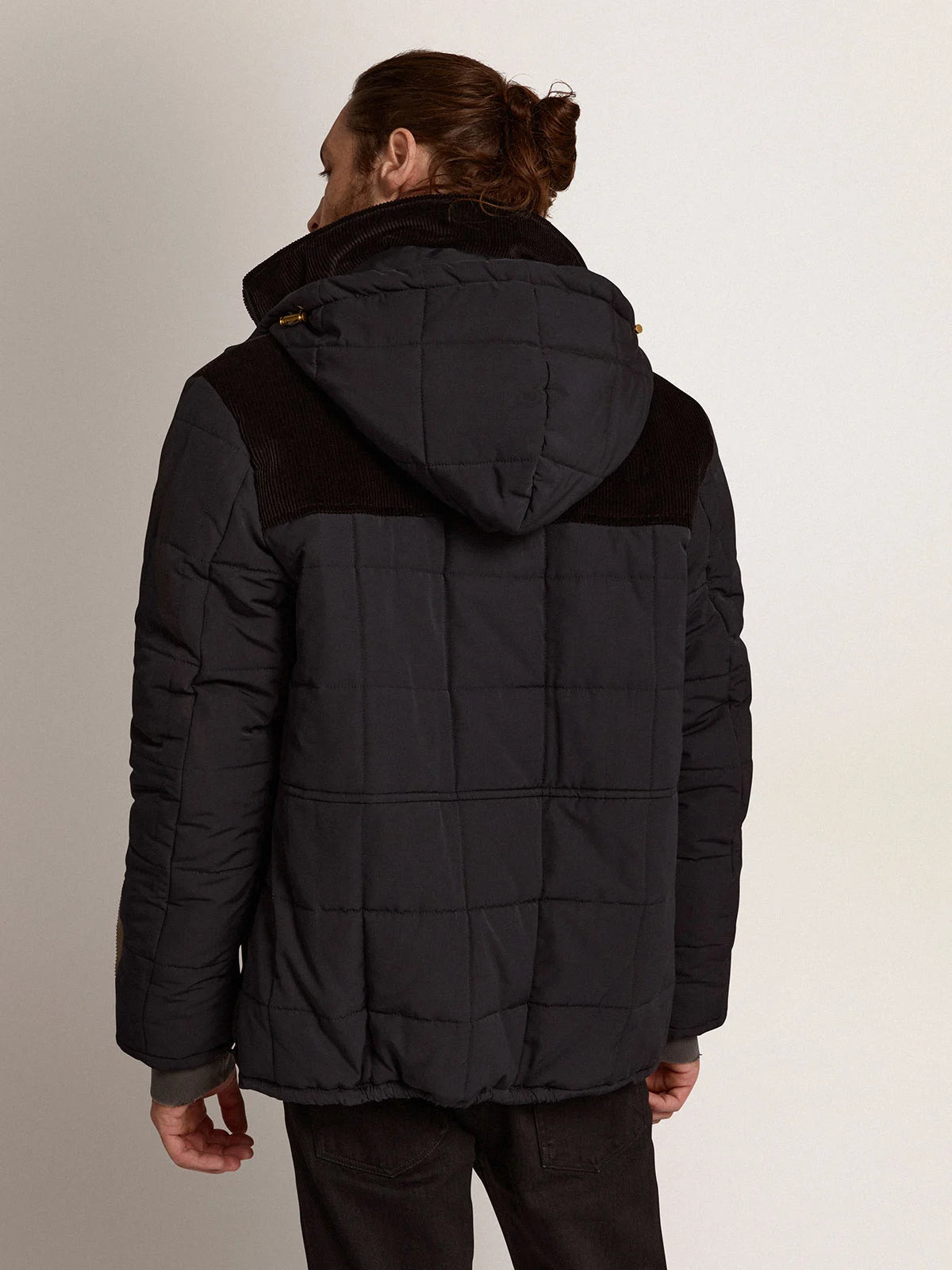 Giacca piumino in nylon blu scuro e cotone corduroy nero
