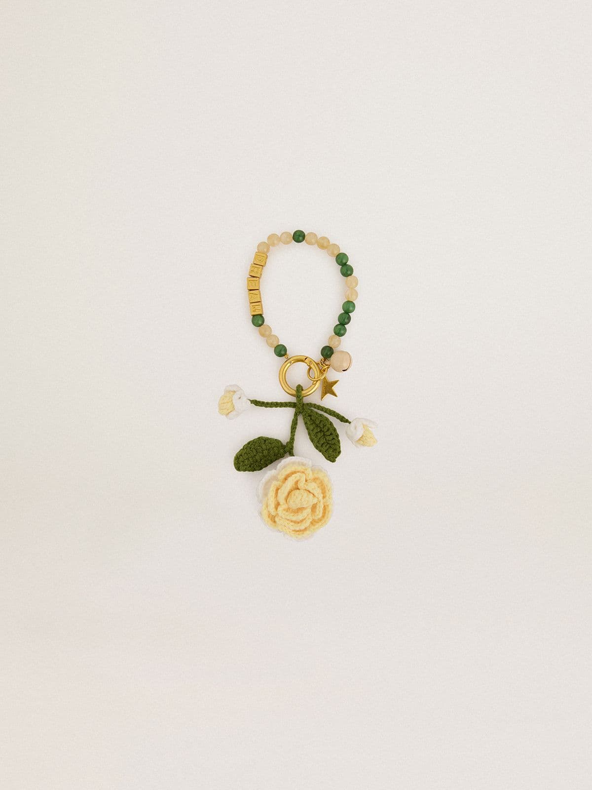 Yellow rose charm in cotton crochet with bead chain