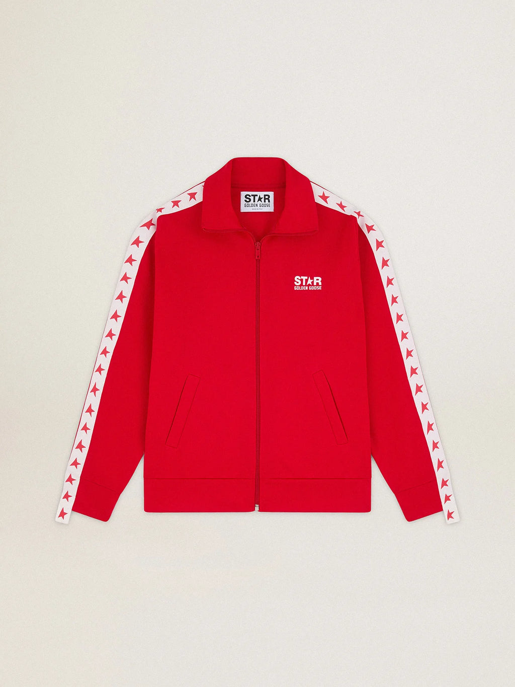 Felpa con zip da donna di colore rosso con stelle rosse a contrasto