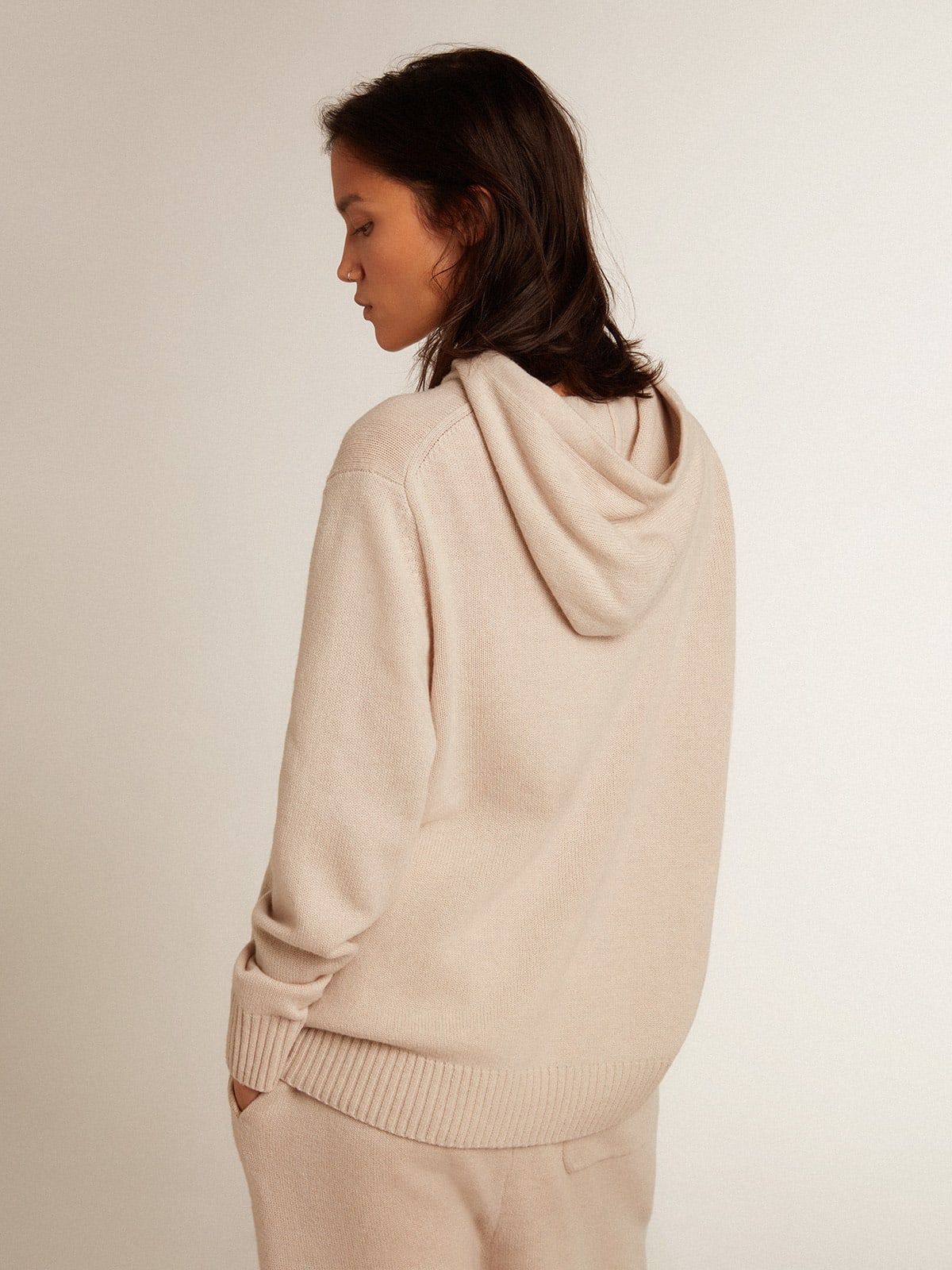 Felpa donna misto cashmere color bianco e cappuccio