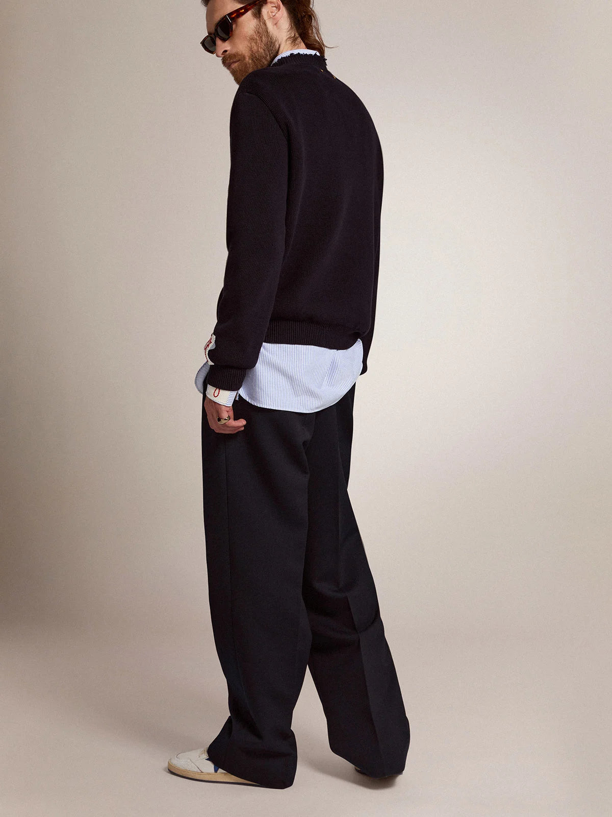 Pantalone dalla gamba ampia Collezione Golden in lana blu scuro
