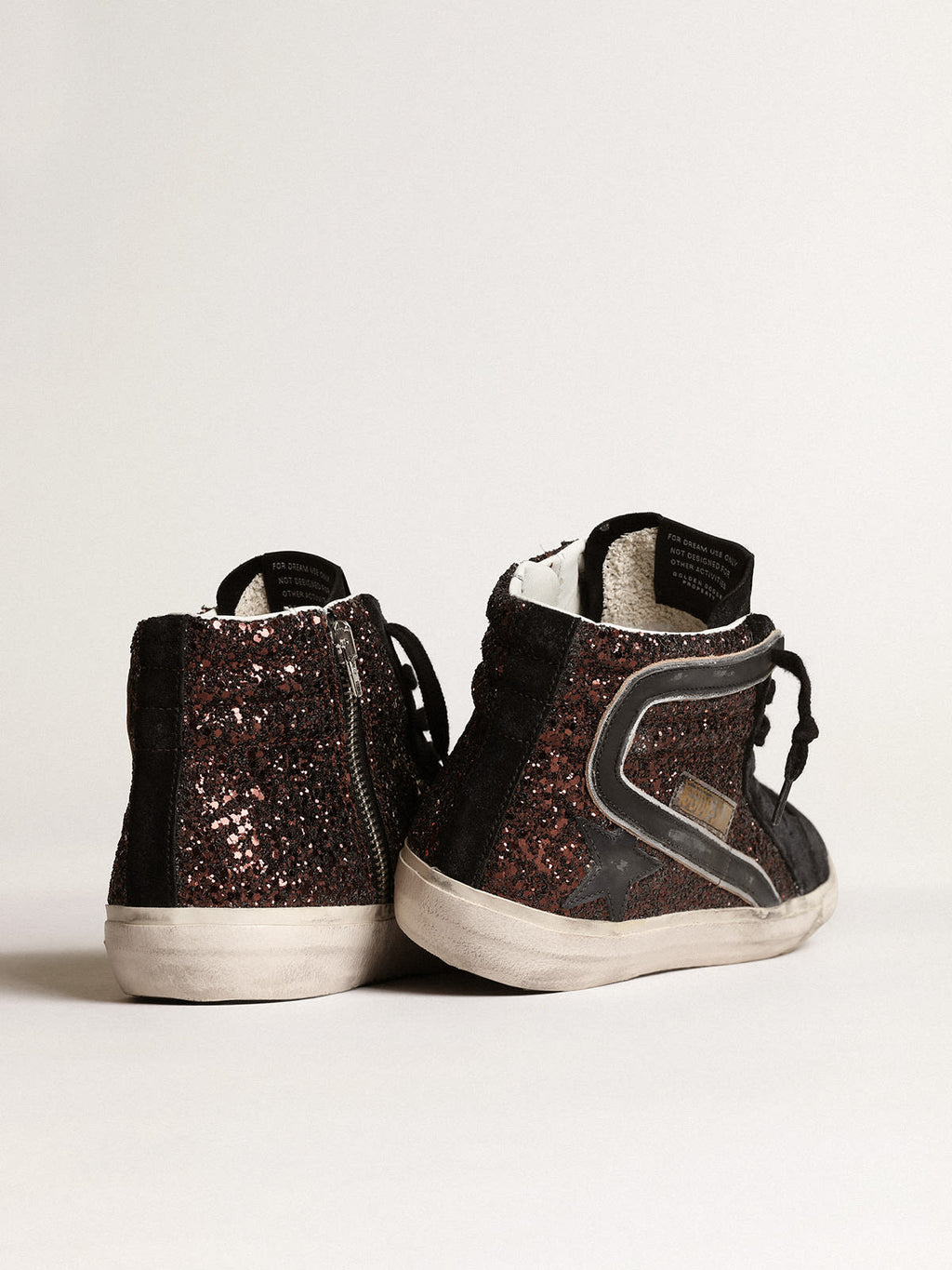 Slide in glitter marroni con stella e virgola in pelle nera