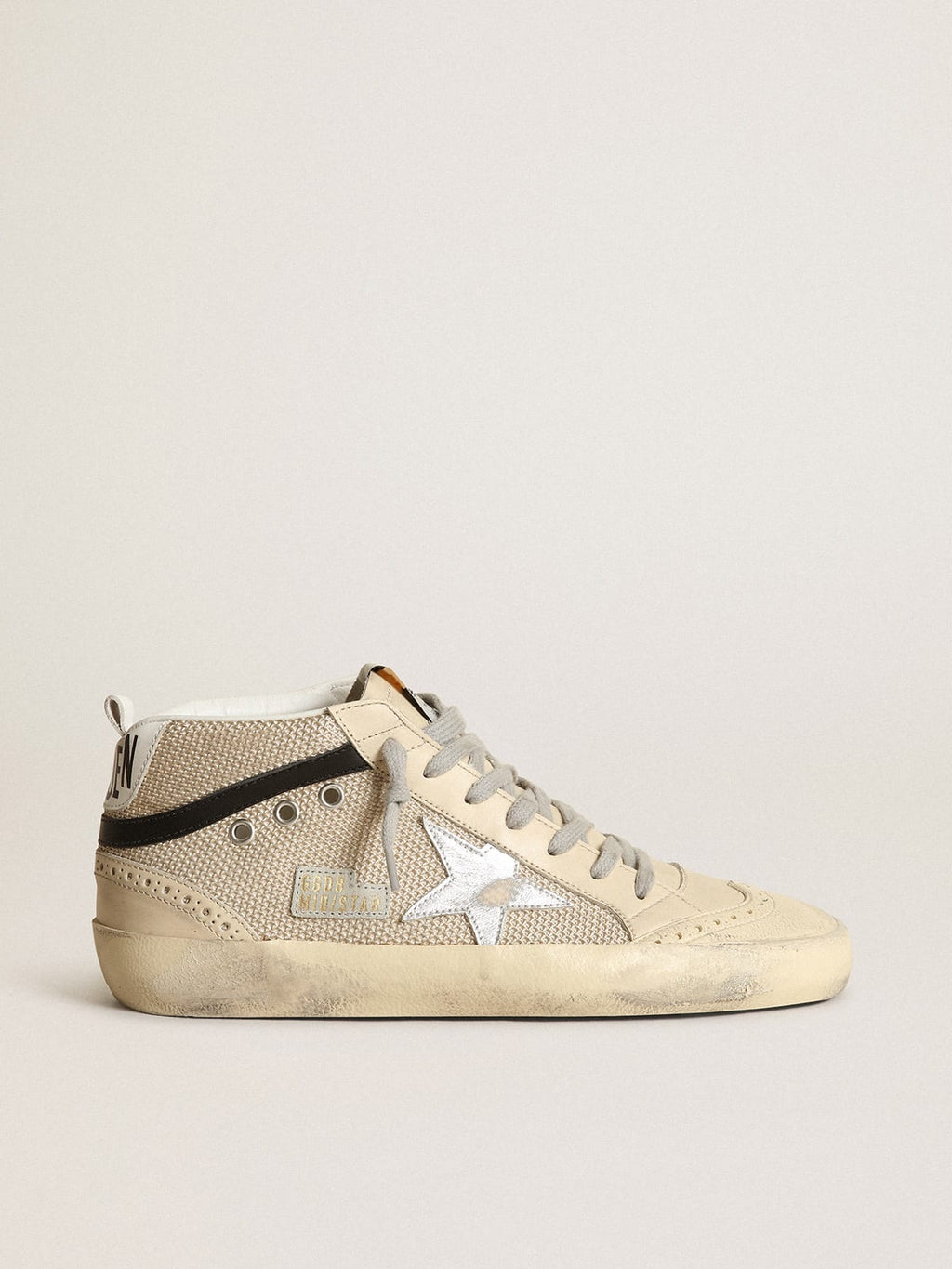 Sneaker Mid Star LTD in rete color crema con stella in pelle laminata color argento e virgola in pelle nera