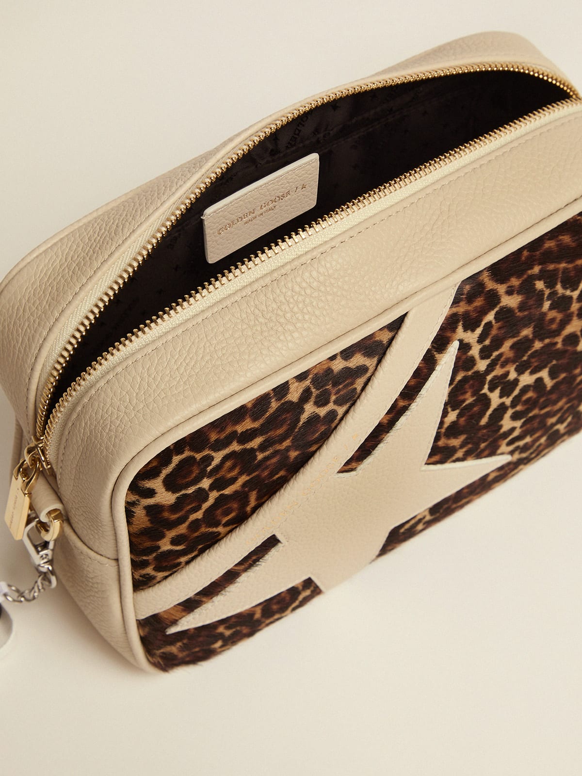 Borsa Star Bag bianco latte con inserto in cavallino stampato leo