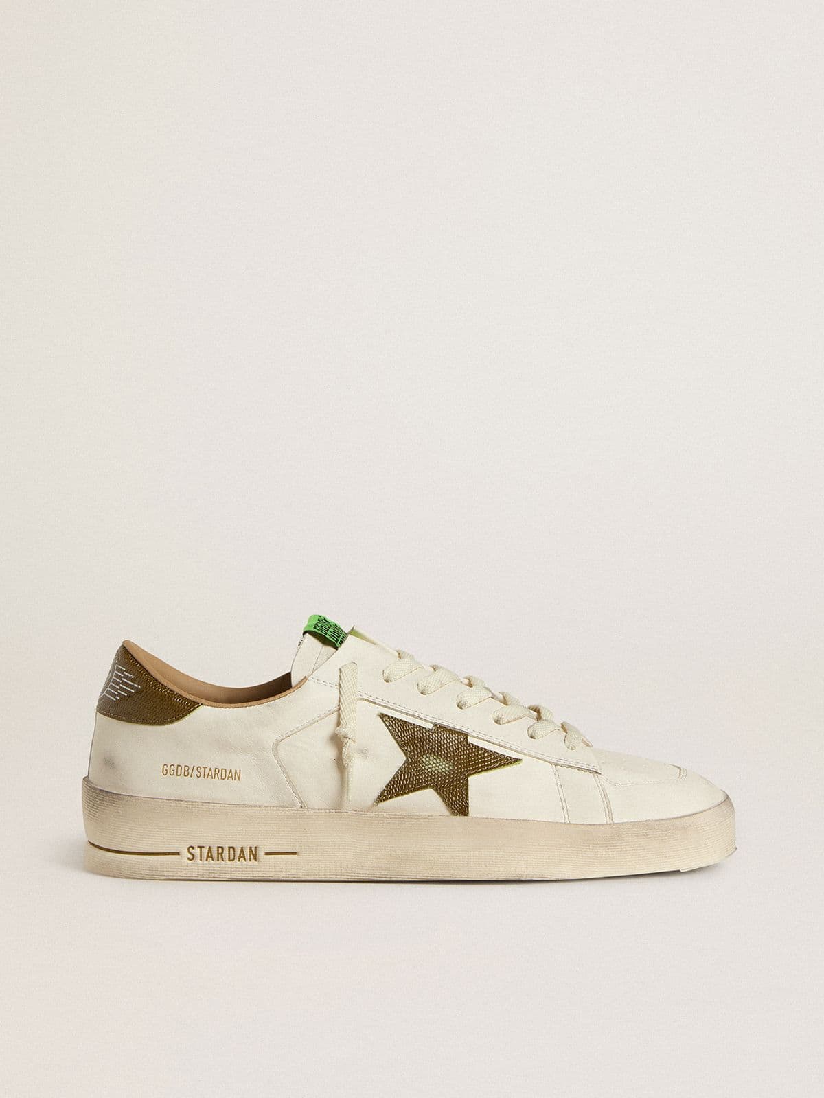 Men's Stardan in white leather with military-green snake-print leather star and heel tab
