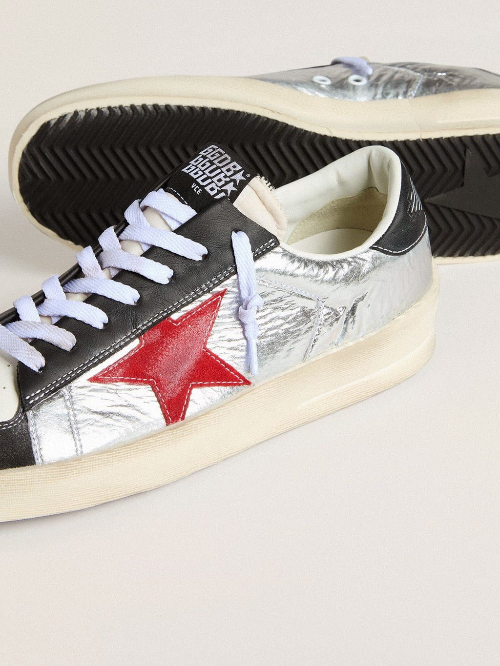 Men’s Stardan in laminated silver nylon with burgundy suede star