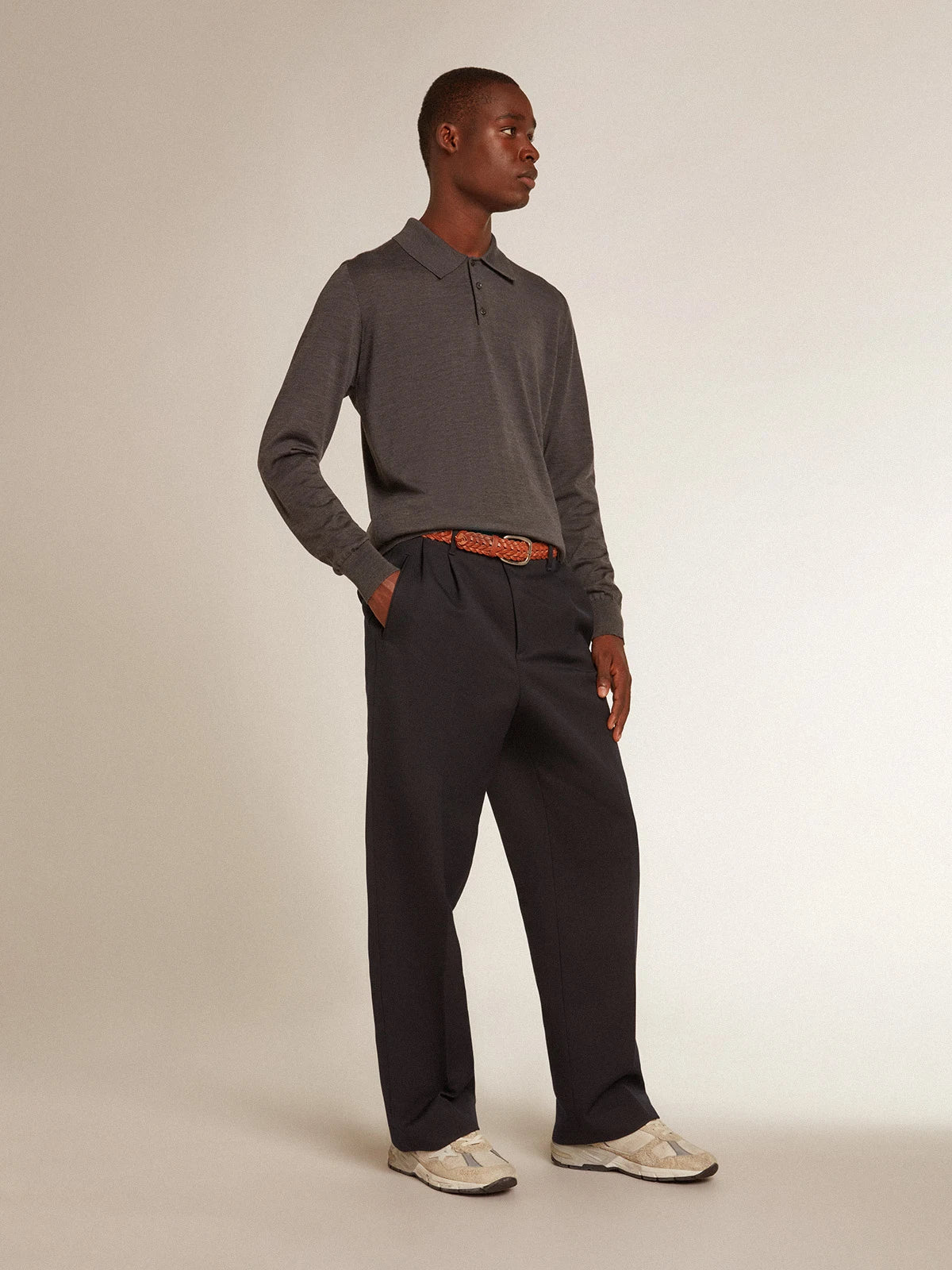 Polo maniche lunghe da uomo in lana merino di colore grigio
