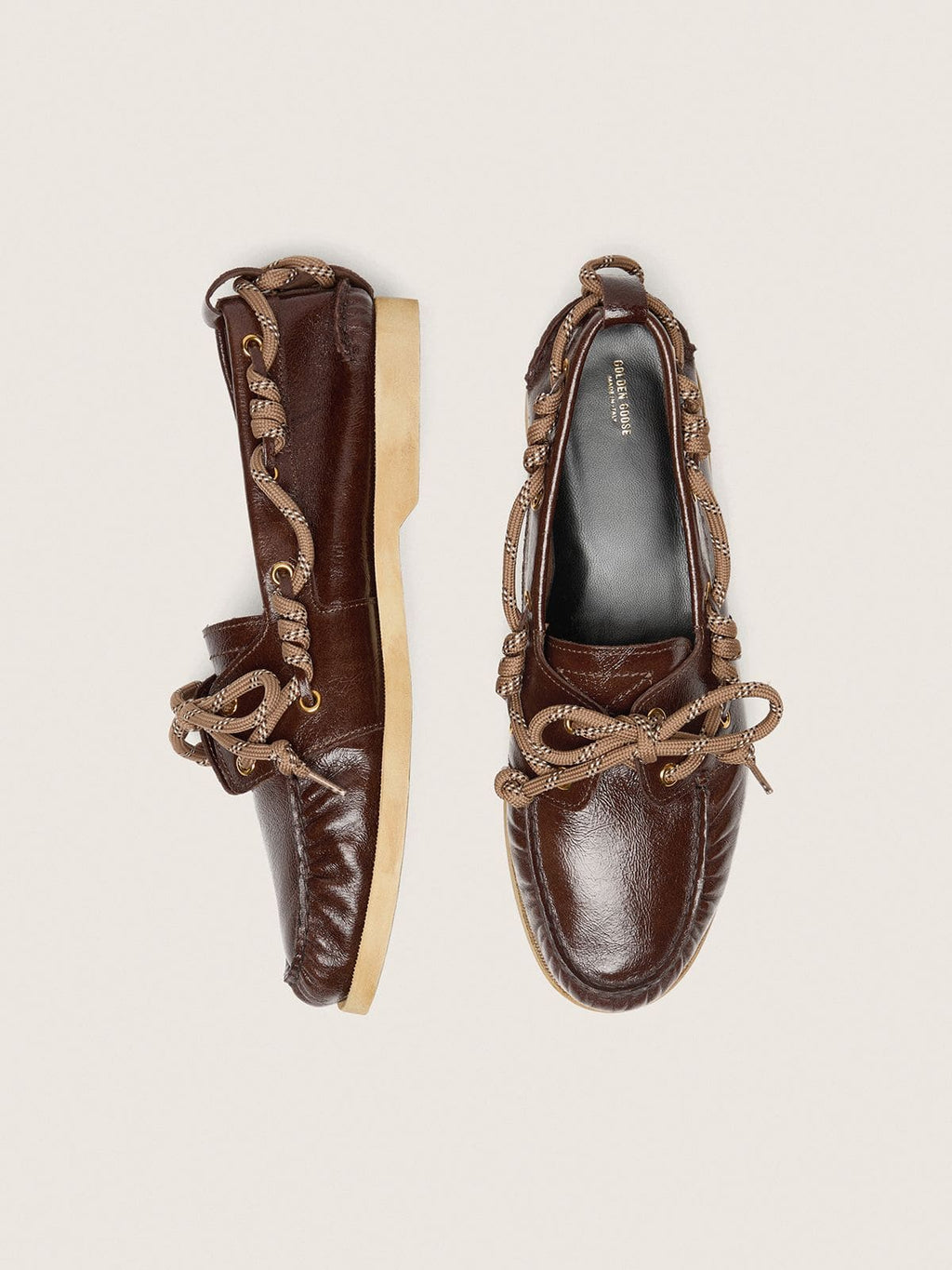 Women's Cruise loafers in glossy dark brown leather with dove gray hiking laces