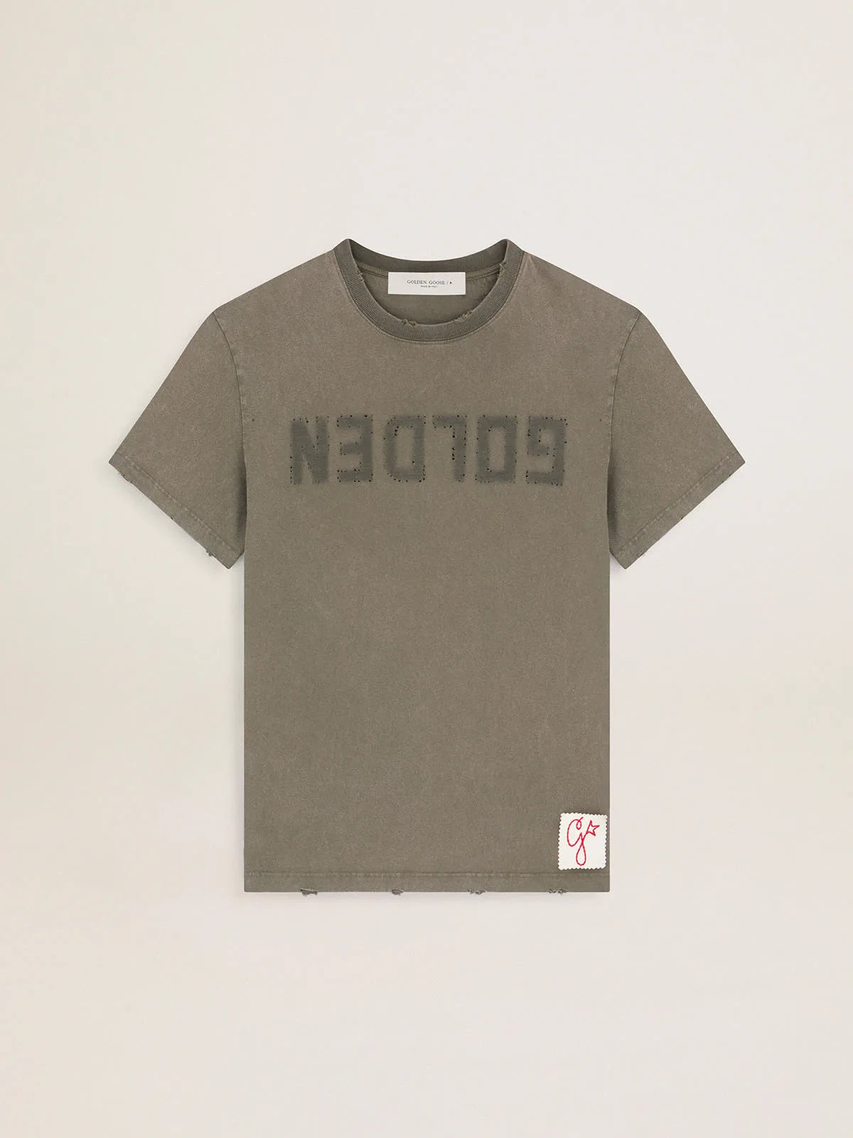 T-shirt Collezione Golden color verde oliva dall'effetto distressed con scritta Golden sul davanti
