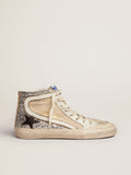 Sneaker Slide Penstar in canvas color crema e glitter argento con stella in pelle nera