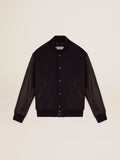Giacca bomber in lana blu scuro e maniche in pelle distressed