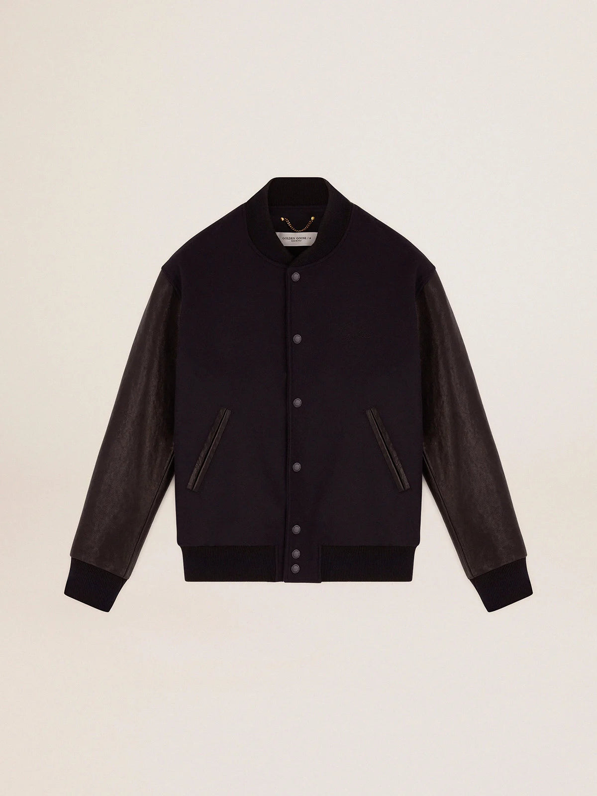 Giacca bomber in lana blu scuro e maniche in pelle distressed